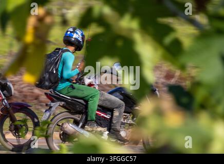 Zwei Personen, die von einem Angelausflug zurückkehren, auf einem schwarzen Motorrad, das durch tropisches Laubwerk gerahmt ist, vor einem grün verschwommenen Hintergrund Stockfoto