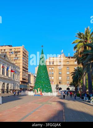 SANTIAGO, CHILE - 03. DEZEMBER 2025: Ein hoher geschmückter Weihnachtsbaum steht auf dem Plaza de Armas-Platz, umgeben von historischen Gebäuden und Palmen in San Stockfoto
