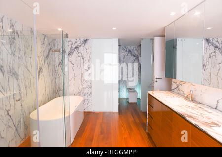 Modernes Luxusbad: Ein geräumiges und prächtiges Bad mit eleganten Marmorwänden, einer schlanken Badewanne und einer glasumschlossenen Dusche, alles beleuchtet Stockfoto