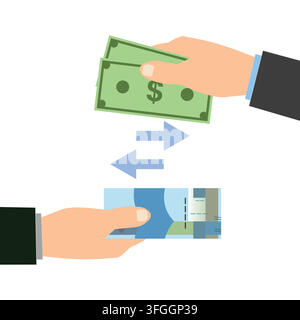 Flache Vektorillustration, die den Devisenhandel darstellt, mit Händen, die grüne Dollarscheine und blaue Banknoten mit Transferpfeilen austauschen. Stock Vektor