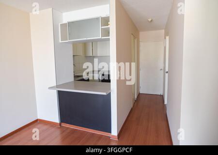 Moderne Wohnungsinterior: Ein sauberes und zeitgenössisches Wohnungsinterior mit einer offenen Küche, Essbereich und Flur. Stockfoto