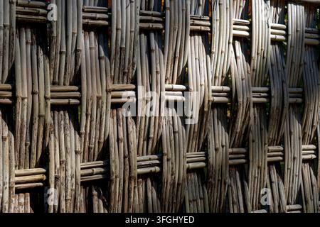 Detail eines japanischen Gartenteilers aus eng geflochtenen Bambusstreifen in einem Muster für ein natürliches, ästhetisch ansprechendes Design, Japan. Stockfoto