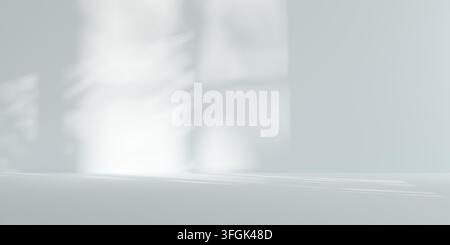 Leere, leere, pastellblaue Raumhintergrund mit Fenster und Baumschatten, Produkt- oder Designplatzierungsvorlage, 3D-Illustration Stockfoto