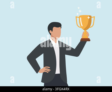 Geschäftsfrau, die einen goldenen Pokal auf dem Gipfel eines Berges hält. Flache Vektorillustration, die unternehmerischen Sieg, Karriereerfolg, Führung darstellt Stock Vektor