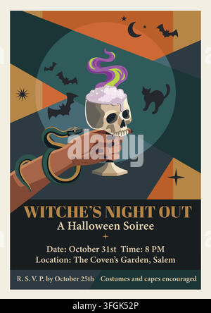 Vintage-Halloween-Party-Einladungsplakat mit dem Titel "Hexennacht: Eine Halloween-Soiree", das eine Retro-Flat-Design-Illustration einer Hand zeigt, die eingewickelt ist Stock Vektor