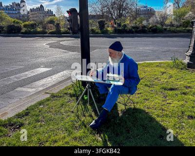 Paris, Frankreich, lokaler Straßenkünstler, Maler, Mann sitzt auf Straßengemälde Straßenszene, (Place de la Nation) Stockfoto