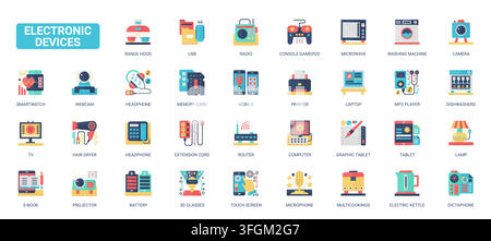 Bunte elektronische Gerätesymbole mit Haushaltsgeräten, Audiogeräten, Computern und mobiler Technologie für digitale Schnittstellen- und Technologie-Services-Themen, flache Icons-Set-Vektorgrafik Stock Vektor