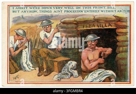 WWI-Comic-Cartoon-Militärpostkarte, Schützengraben-Humor, Tommys, Soldaten, die von Flöhen in den Schützengräben an der Front jucken, vom Illustrator Syd Arthur Englisch UK Stockfoto