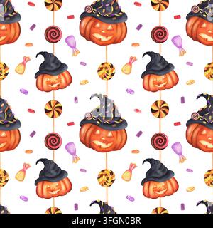Nahtloses Halloween-Muster mit Jack-o-Lanterns in Hexenhüten, Lutschern auf Stöcken, verpackten Süßigkeiten und Dragées. Handgemalte Aquarellillustration Stockfoto