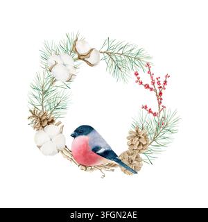 Bullfinch-Vogel, Kiefernzweige, Baumwolle, Tannenzapfen und rote Beeren Weihnachts-Aquarell-Rundwappen-Illustration. Handgezeichnetes Aufkleber-Vorlage mit Kopie Stockfoto