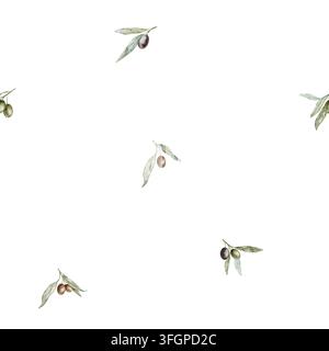 Seamless Muster mit Olivenzweig, Blättern und Früchten auf isoliertem Hintergrund. Botanisches Aquarellmuster mit Ästen für Hochzeitsstationäre Stockfoto