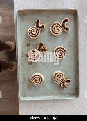 Hausgemachte kaninchenförmige Zimtschnecken auf einem Backblech Stockfoto