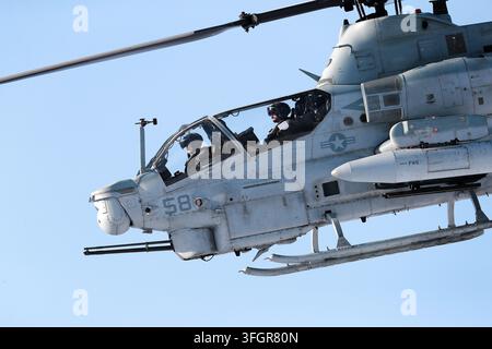 Zwei Piloten im Tandemcockpit eines fliegenden AH-1Z Viper-Hubschraubers Stockfoto