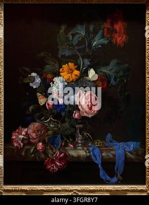 Blumenstilleben mit einer Uhr, 1663, Willem van Aelst (1627-1683), Mauritshuis-Museum, Den Haag, Niederlande. Stockfoto