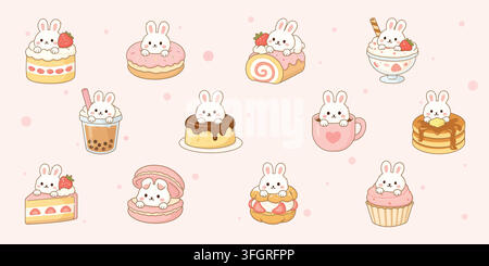 Süße Hasen-Dessert-Aufkleber-Sammlung, Kawaii-Hasen-Süßigkeiten-Clipart-Set Stock Vektor