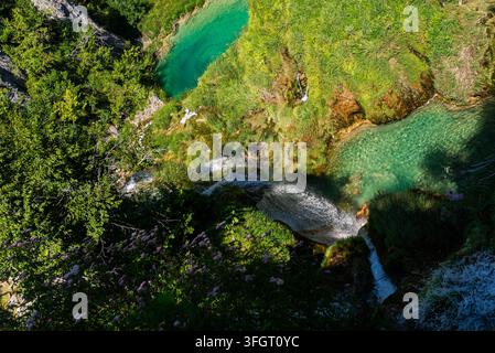Foto einer Hochwinkelaufnahme eines Wasserfalls, der in ein klares, türkisfarbenes natürliches Becken im Nationalpark Plitvicer Seen in Kroatien stürzt Stockfoto