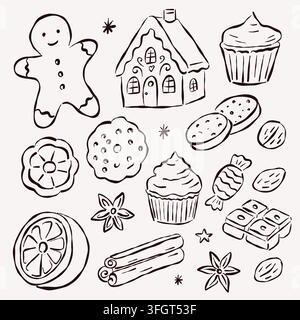 WeihnachtsLebkuchen und Backlinien-Kunst-Set Stock Vektor