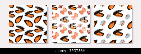 Orange Muschel-Muschel-Nahtloses-Muster-Kollektion Meeresfrüchte-Lebensmittel-Design Stock Vektor