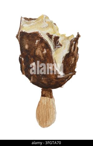 Bitten Ice Cream Bar auf einem Stab, mit Schokolade und zerkleinerten Mandeln überzogen, in einem Aquarell-Illustrationsstil Stockfoto
