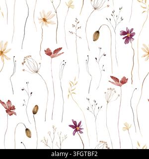 Aquarell nahtloses wiederholbares Muster aus getrockneten Wiesenblumen mit malvenfarbenen Kosmeen, cremefarbenen Gänseblümchen, terrakottafarbenen Blättern, Gräsern und Mohnkapseln auf Stockfoto