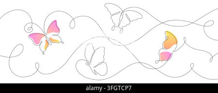 Vektor-Doodle-kontinuierliche Einlinien-Kunstzeichnung eines fliegenden Schmetterlings mit bunten Flügeln am Himmel. Handgezeichnete minimale einzelne lineare Sommervektoren-Silhouetten-Symbole. Dünne Umriss-Insekt-Elemente auf weißem Hintergrund Stock Vektor