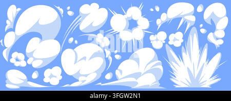Cartoon-Rauchwolken und Comic-Explosioneffekte auf blauem Hintergrund. Vektorillustration im Anime-Stil abstrakter Staubspuren für dynamische Manga-Illustrationen, Bombeneinschlag, Himmelswolke, Sprungeffekt Stock Vektor