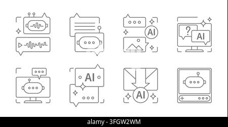 Moderne KI-Chatbot-Symbole auf weißem Hintergrund. Vektorillustration eines Nachrichtensymbols, Textfeldumriss, Dialogsymbol für Social-Media-Design, künstlicher Intelligenz-Assistent, Tech-App-Schnittstelle Stock Vektor