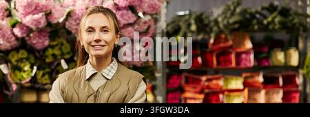 Kopfporträt einer lächelnden Floristin, die in einem Blumenladen arbeitet Stockfoto