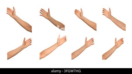 Hand, die etwas Unsichtbares hält, gesetzt, isoliert auf weißem Hintergrund. Greif-, Griff-, Handhabungsbewegung mit Handfläche, Daumen, Fingern. Stockfoto