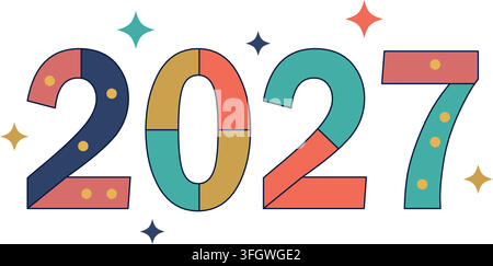Ein lebendiges und festliches Typografie-Design aus dem Jahr 2027 mit mehrfarbigen Zahlen, die mit kleinen Punkten verziert und von dekorativen Stern-Icons umgeben sind. Stock Vektor