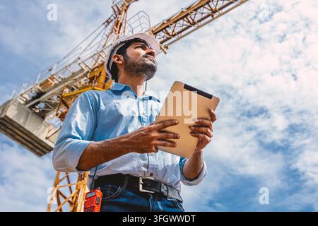 Asiatisch-indischer Ingenieur mit Sicherheitshelm, der ein Tablet hält, nach oben schaut und die Baustelle inspiziert, mit einem Baukran im Hintergrund, Entwicklung. Indien Stockfoto