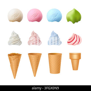 Eisschöpfe, Soft-Serve-Spiralen und Kegel-Konstrukteur-Symbol-Set-Vektorillustration Stock Vektor