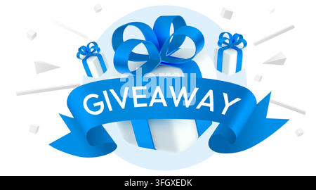 Giveaway-Konzept-Banner mit Geschenkkisten und blauem Band. Festliches Promotionsdesign. Vektorillustration Stock Vektor