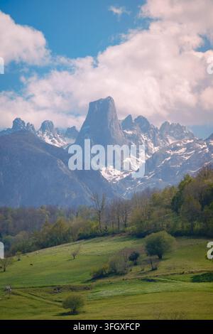 Blick auf den Berggipfel Naranjo de Bulnes, der über üppigen grünen Wiesen und verstreuten Bäumen unter einem strahlend blauen Himmel aufragt, Spanien. Stockfoto