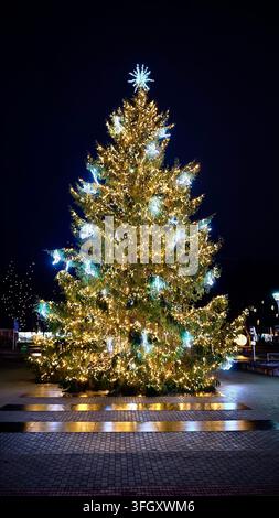 Beleuchteter Weihnachtsbaum geschmückt mit warmen Lichterketten und weißen Vogelornamenten auf einem öffentlichen Platz in Anykščiai, Litauen. Stockfoto