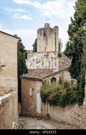 Schmale Kopfsteinpflastergasse, gesäumt von alten Steinhäusern, die auf einen historischen Turm in Saint Emilion führen, einem berühmten Weinort in der Gironde im Südwesten Frankreichs Stockfoto