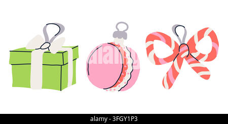 Niedliche grüne und rosa Weihnachtsbaumschmuck handgezeichnetes Vektorset Stock Vektor