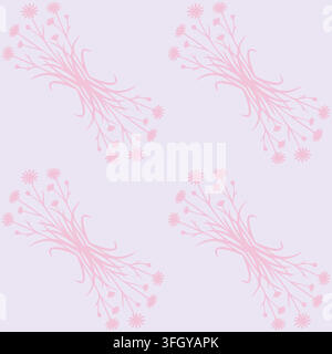 Zartes nahtloses Muster mit Büscheln aus rosa Wiesenblumen, die auf einem weichen lavendelfarbenen Hintergrund angeordnet sind. Ideal für Damenbekleidung, Geschenkpapier und Stock Vektor