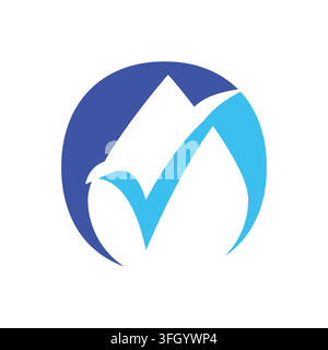 Ein klares und modernes Vektorlogo mit einem stilisierten Vogel kombiniert mit einem Häkchen-Symbol innerhalb eines blauen kreisförmigen Rahmens. Das minimalistische Design verwendet sh Stock Vektor