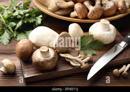 Viele verschiedene Pilze, Petersilie und Messer auf Holztablett, Nahaufnahme Stockfoto