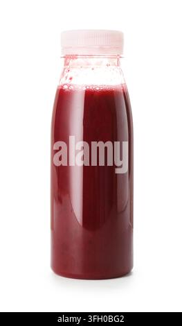 Leckerer Smoothie in Glasflasche isoliert auf Weiß Stockfoto