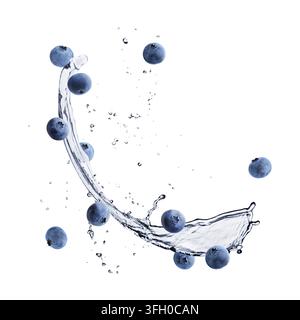 Frische Blaubeeren und Wasserspritzer in der Luft vor weißem Hintergrund Stockfoto