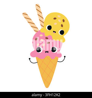 Niedliche Cartoonfiguren mit doppelter Eiscreme-Scoop in Waffelhörnchen, isoliert auf weißem Hintergrund. Kawaii rosa und gelbe Eiscreme-Scoops-Vektorgrafik Stock Vektor