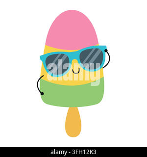 Niedliche Eis am Stiel-Cartoonfigur mit coolen Sonnenbrillen, isoliert auf weißem Hintergrund. Kawaii farbenfrohe Eis am Stiel-Vektorillustration für den Sommerurlaub Stock Vektor