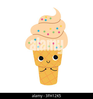 Niedlicher Soft-Serve-Eiscreme-Waffelkegel-Cartooncharakter mit Streuseln, isoliert auf weißem Hintergrund. Kawaii-Waffelkegel-Dessert-Vektorillustration für den Sommer Stock Vektor