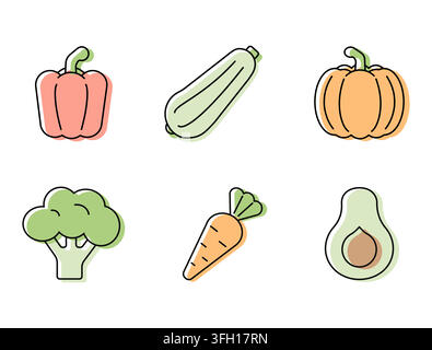 Iconen-Set mit Gemüse und Avocado in Pastellfarben gefüllt und schwarzen Umrissen. Vektorillustration auf weißem Hintergrund Stock Vektor