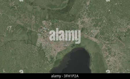 Top-Down-Luft-3D-Illustration von Nakuru, Kenia, die die Stadt und die umgebende Landschaft im frühen Morgenlicht zeigt. - Fotomontage Stockfoto