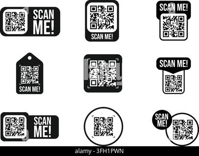 Schwarze weiße QR-Code-Aufkleber mit dem Text „scan me“ auf sauberem weißem Hintergrund in verschiedenen Formen und Größen Stock Vektor