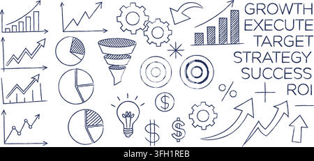 Eine Illustration zur Strategie für Geschäftswachstum zeigt verschiedene schwarze Liniengrafiken, Diagramme, Symbole auf weißem Hintergrund, Erfolg, Finanzplanung Stock Vektor