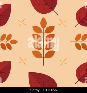 Herbstliches nahtloses Muster Vektorillustration mit orangefarbenen Zweigblättern und kastanienbraunem Laub auf beigem Hintergrund für den Herbst Stock Vektor
